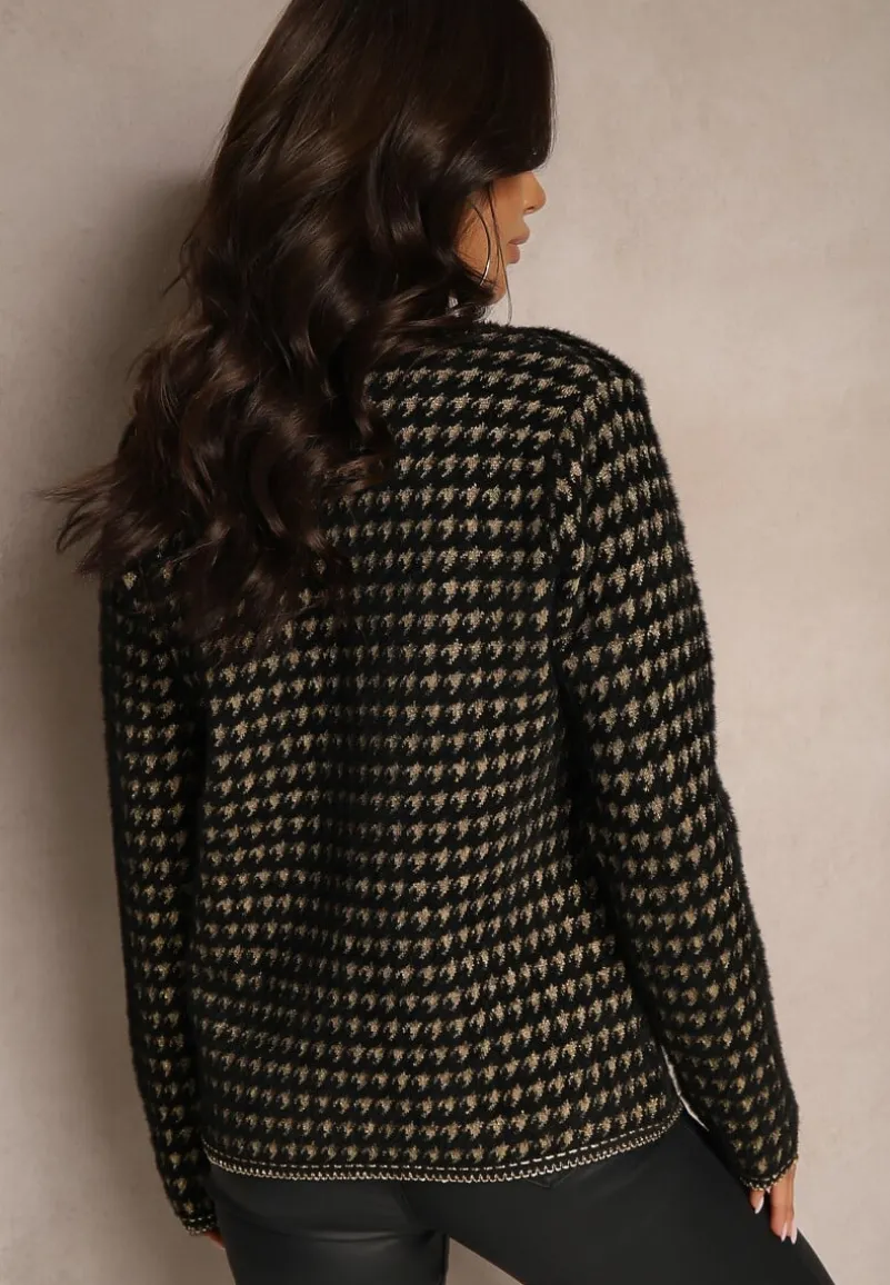 Czarny Tweedowy Kardigan w Elegancki Wzór z Ozdobnymi Guzikami Zemirae