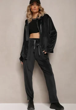 Czarny Welurowy Komplet Dresowy z Zasuwaną Bluzą i Prostymi Spodniami Gromiana