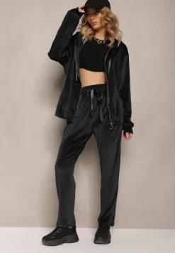 Czarny Welurowy Komplet Dresowy z Zasuwaną Bluzą i Prostymi Spodniami Gromiana