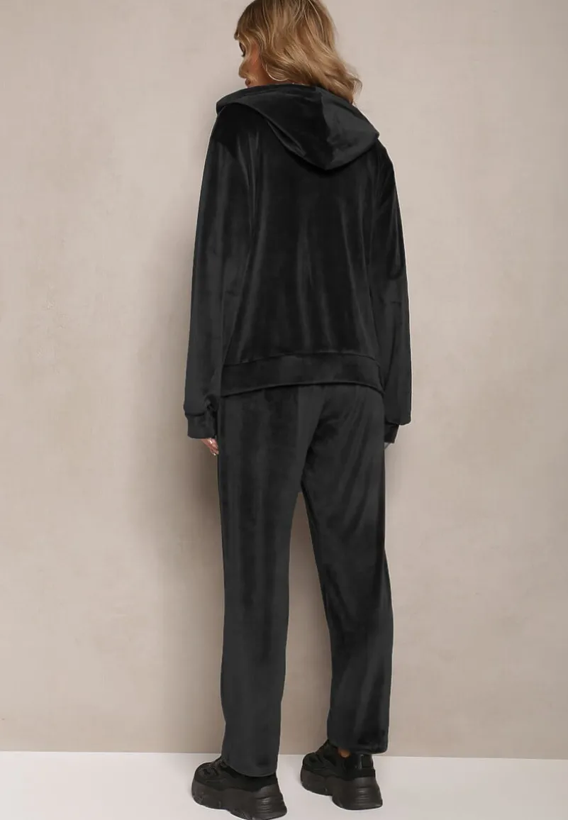 Czarny Welurowy Komplet Dresowy z Zasuwaną Bluzą i Prostymi Spodniami Gromiana