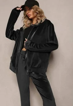 Czarny Welurowy Komplet Dresowy z Zasuwaną Bluzą i Prostymi Spodniami Gromiana