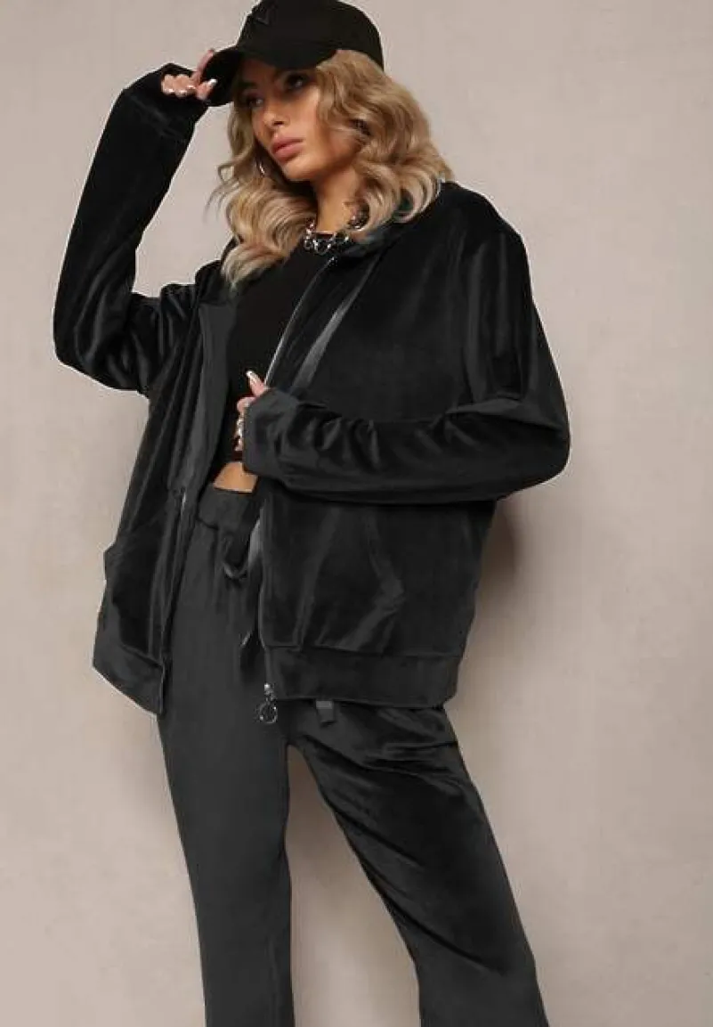 Czarny Welurowy Komplet Dresowy z Zasuwaną Bluzą i Prostymi Spodniami Gromiana