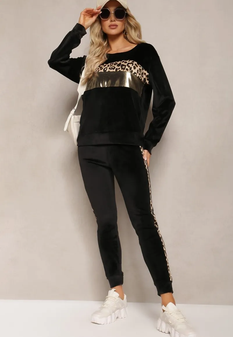 Czarny Welurowy Komplet Dresowy Bluza i Joggery z Wzorem w Panterkę Xorienta