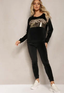 Czarny Welurowy Komplet Dresowy Bluza i Joggery z Wzorem w Panterkę Xorienta