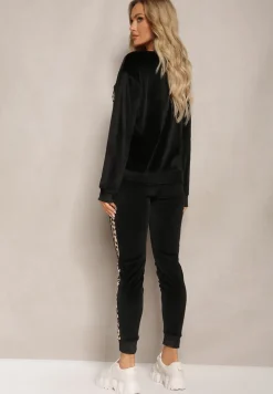 Czarny Welurowy Komplet Dresowy Bluza i Joggery z Wzorem w Panterkę Xorienta