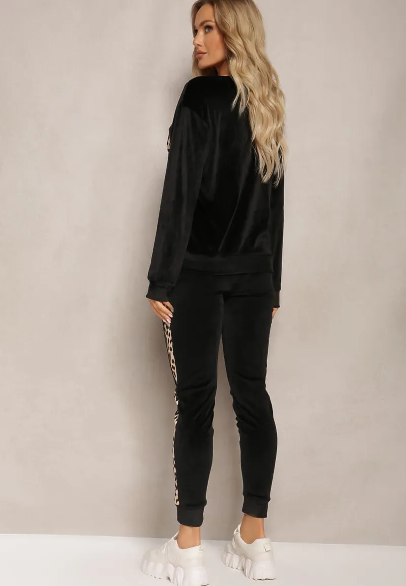 Czarny Welurowy Komplet Dresowy Bluza i Joggery z Wzorem w Panterkę Xorienta