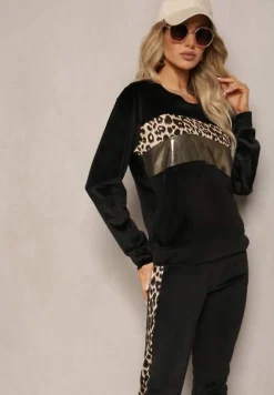 Czarny Welurowy Komplet Dresowy Bluza i Joggery z Wzorem w Panterkę Xorienta