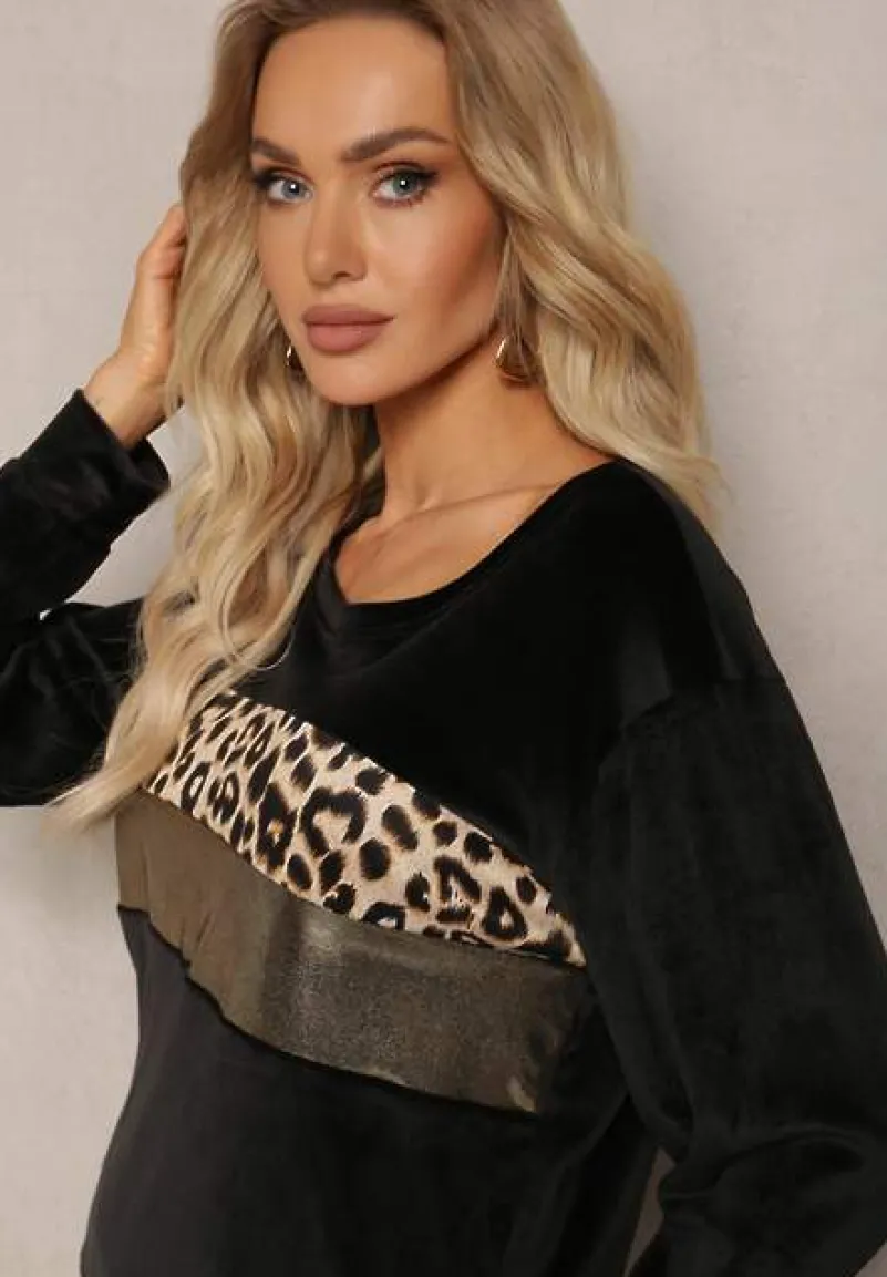 Czarny Welurowy Komplet Dresowy Bluza i Joggery z Wzorem w Panterkę Xorienta