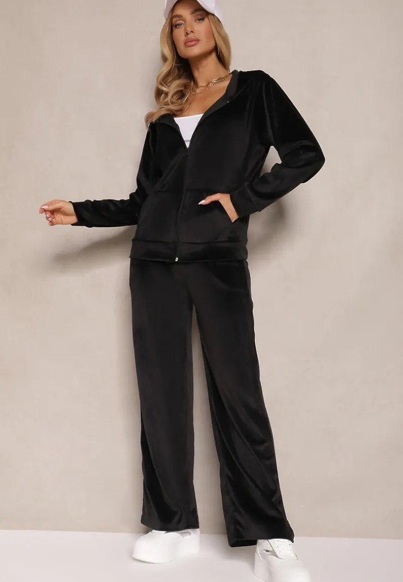 Czarny Welurowy Komplet Dresowy Bluza z Kapturem i Szerokie Spodnie Poretta