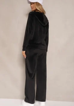 Czarny Welurowy Komplet Dresowy Bluza z Kapturem i Szerokie Spodnie Poretta