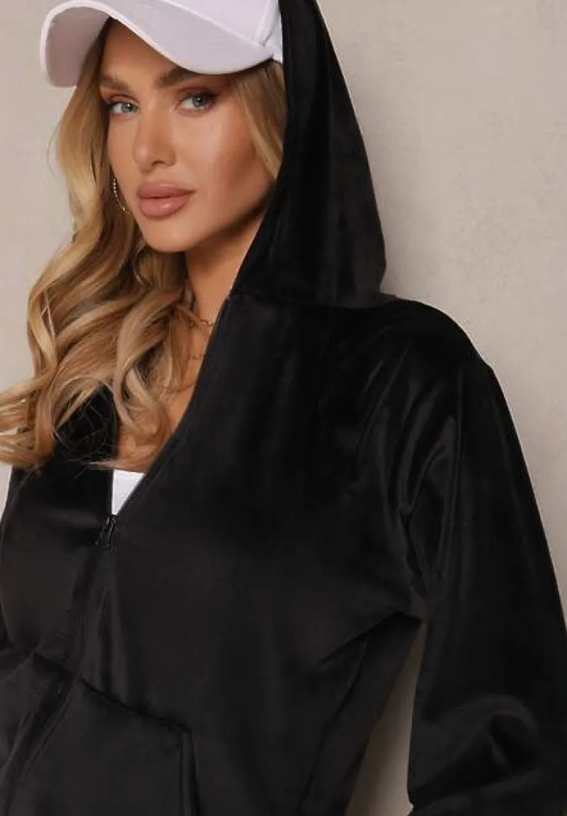 Czarny Welurowy Komplet Dresowy Bluza z Kapturem i Szerokie Spodnie Poretta