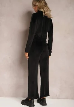 Czarny Welurowy Komplet Dresowy z Bluzą i Spodniami Lunamea