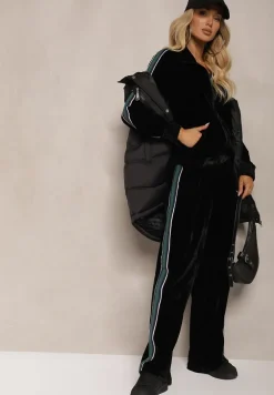 Czarny Welurowy Komplet Dresowy z Bluzą i Spodniami Zdobionymi Lampasem Linvella