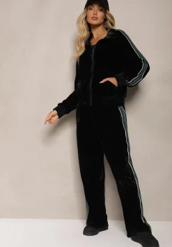 Czarny Welurowy Komplet Dresowy z Bluzą i Spodniami Zdobionymi Lampasem Linvella