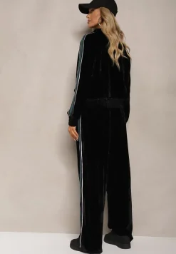 Czarny Welurowy Komplet Dresowy z Bluzą i Spodniami Zdobionymi Lampasem Linvella