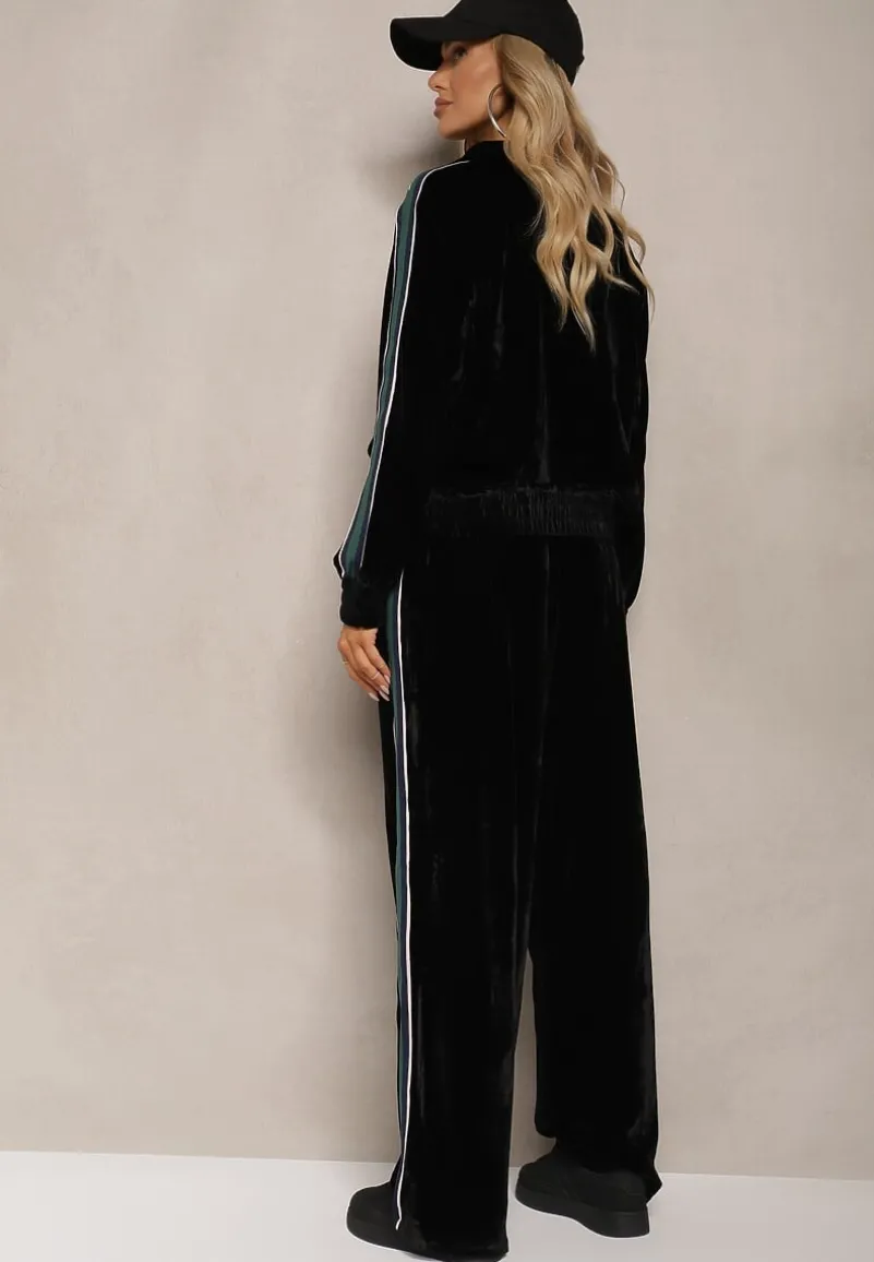 Czarny Welurowy Komplet Dresowy z Bluzą i Spodniami Zdobionymi Lampasem Linvella