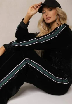 Czarny Welurowy Komplet Dresowy z Bluzą i Spodniami Zdobionymi Lampasem Linvella