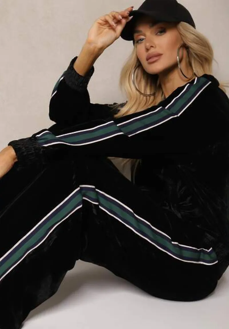 Czarny Welurowy Komplet Dresowy z Bluzą i Spodniami Zdobionymi Lampasem Linvella