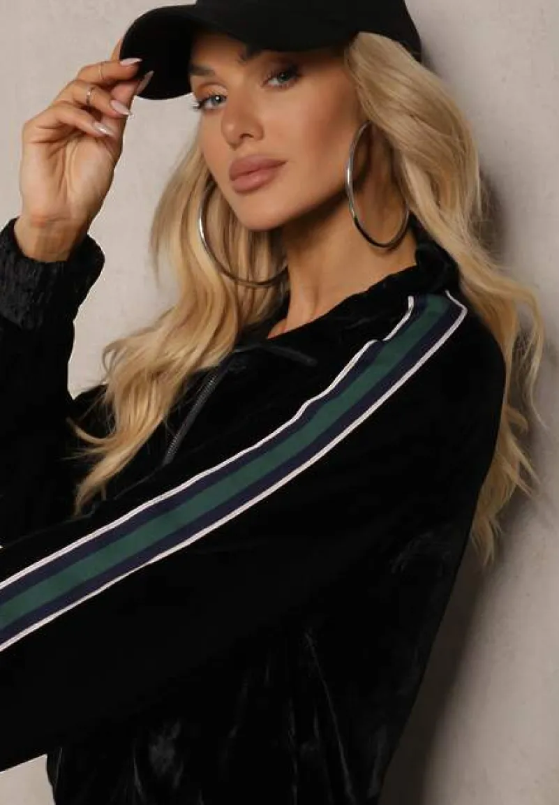 Czarny Welurowy Komplet Dresowy z Bluzą i Spodniami Zdobionymi Lampasem Linvella