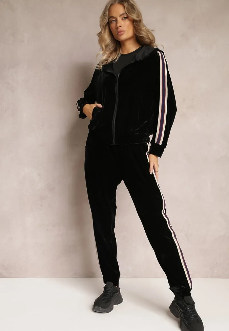 Czarny Welurowy Komplet Dresowy 2-Częściowy Bluza na Suwak i Spodnie na Gumce Ozdobiony Lampasami Yamase