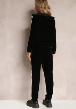 Czarny Welurowy Komplet Dresowy 2-Częściowy Bluza na Suwak i Spodnie na Gumce Ozdobiony Lampasami Yamase