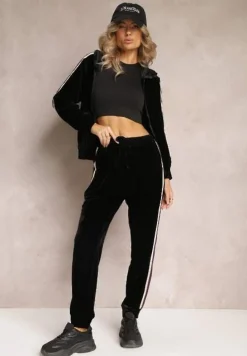 Czarny Welurowy Komplet Dresowy 2-Częściowy Bluza na Suwak i Spodnie na Gumce Ozdobiony Lampasami Yamase