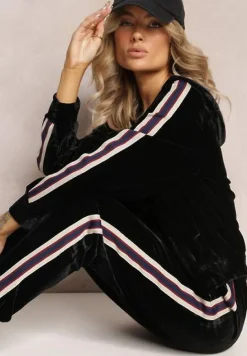 Czarny Welurowy Komplet Dresowy 2-Częściowy Bluza na Suwak i Spodnie na Gumce Ozdobiony Lampasami Yamase