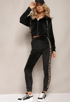 Czarny Welurowy Komplet Dresowy Ozdobiony Lampasami w Cętki Anilwo