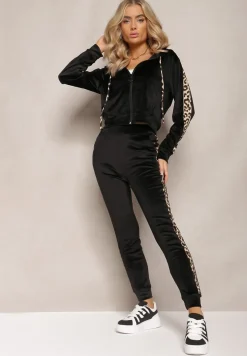 Czarny Welurowy Komplet Dresowy Ozdobiony Lampasami w Cętki Anilwo