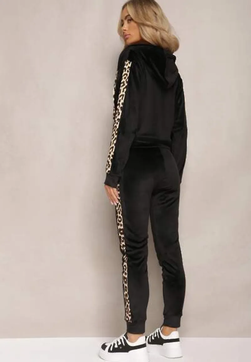 Czarny Welurowy Komplet Dresowy Ozdobiony Lampasami w Cętki Anilwo