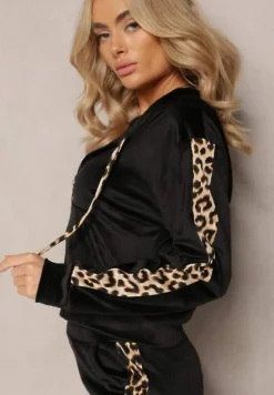 Czarny Welurowy Komplet Dresowy Ozdobiony Lampasami w Cętki Anilwo