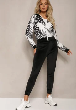 Czarny Welurowy Komplet Dresowy z Wzorzystą Bluzą z Kapturem i Joggerami Rouviana