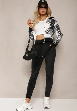 Czarny Welurowy Komplet Dresowy z Wzorzystą Bluzą z Kapturem i Joggerami Rouviana