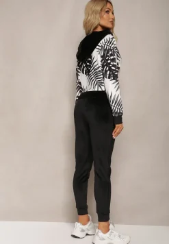 Czarny Welurowy Komplet Dresowy z Wzorzystą Bluzą z Kapturem i Joggerami Rouviana