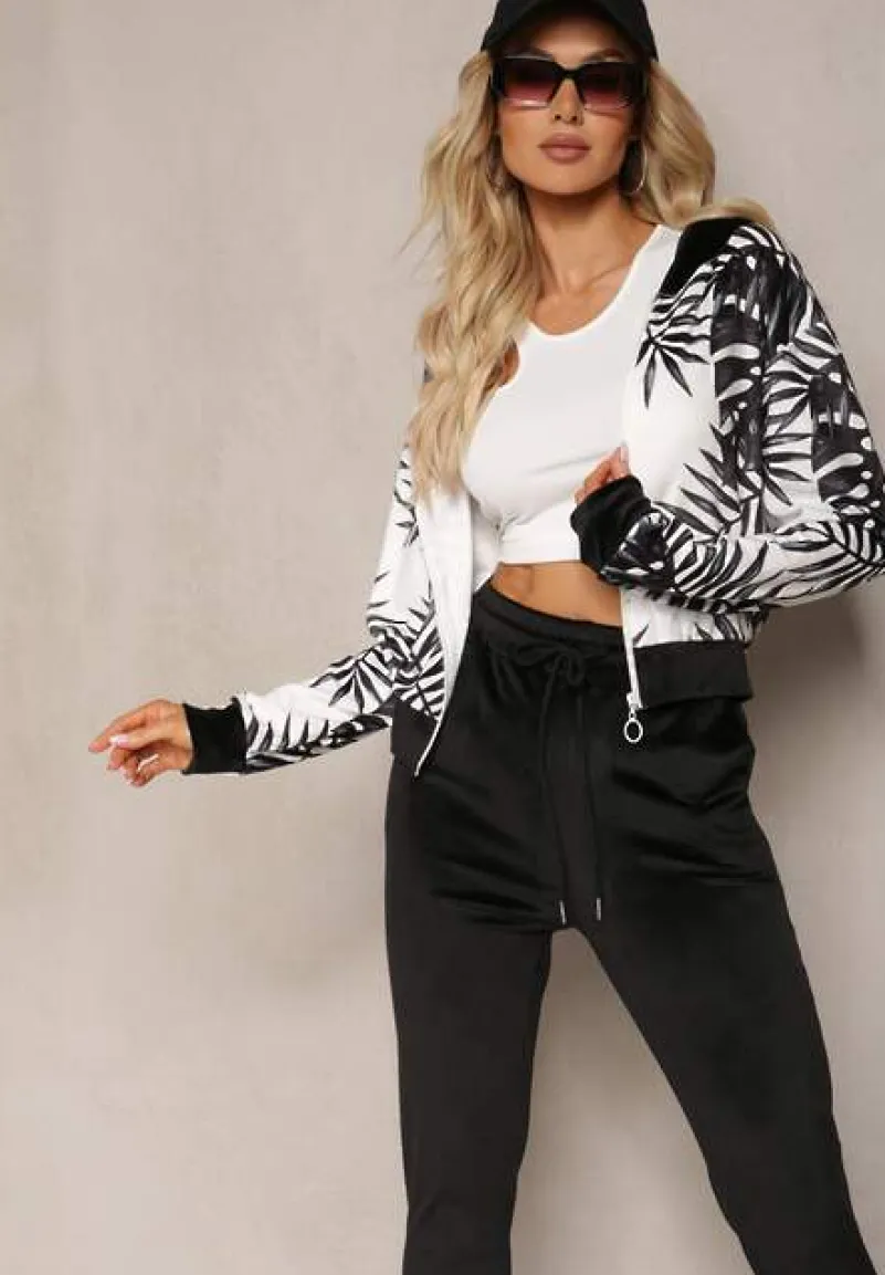 Czarny Welurowy Komplet Dresowy z Wzorzystą Bluzą z Kapturem i Joggerami Rouviana