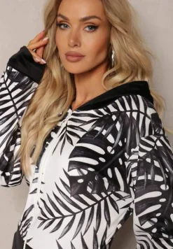 Czarny Welurowy Komplet Dresowy z Wzorzystą Bluzą z Kapturem i Joggerami Rouviana