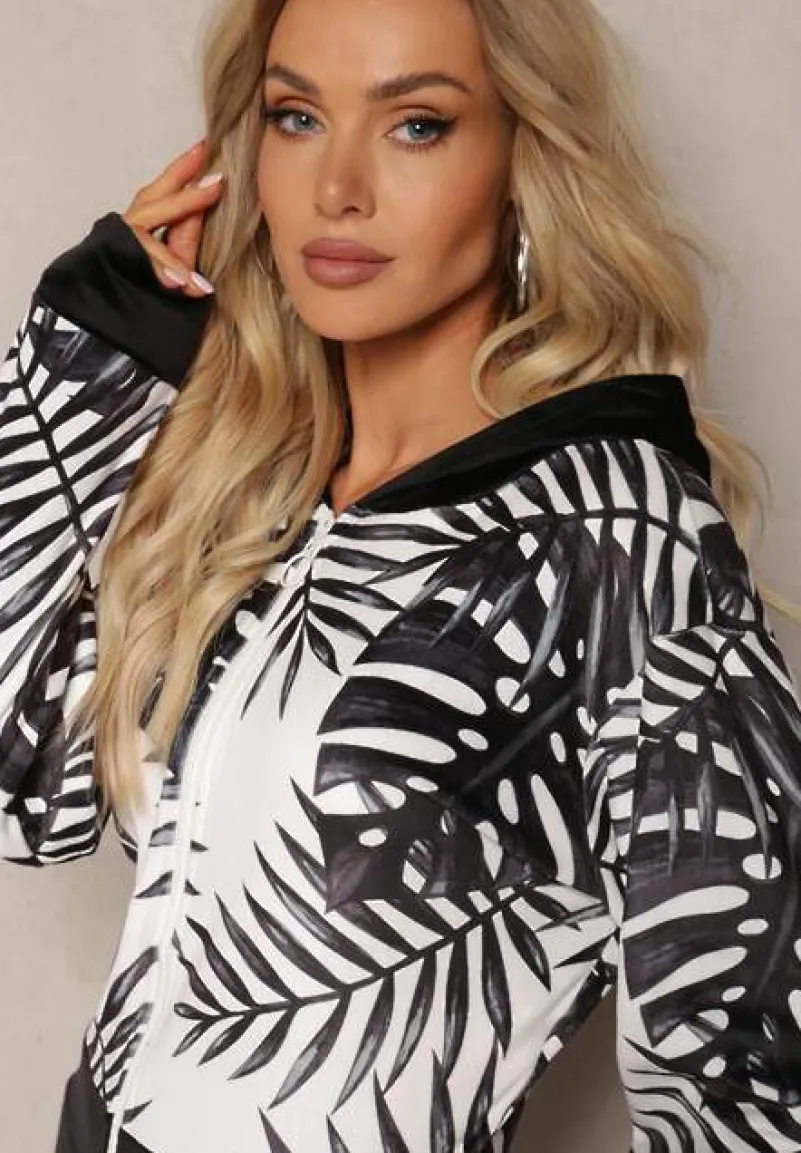 Czarny Welurowy Komplet Dresowy z Wzorzystą Bluzą z Kapturem i Joggerami Rouviana