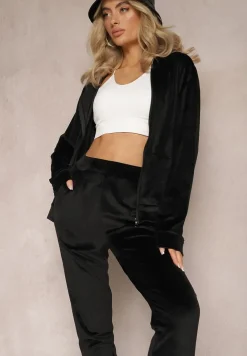Czarny Welurowy Komplet Dresowy 2-Częściowy z Bluzą z Kapturem i Spodniami Fiksena