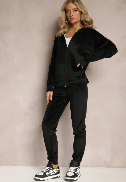 Czarny Welurowy Komplet Dresowy 2-Częściowy z Bluzą z Kapturem i Spodniami Fiksena