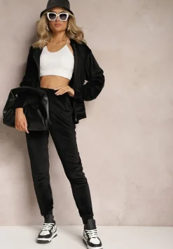 Czarny Welurowy Komplet Dresowy 2-Częściowy z Bluzą z Kapturem i Spodniami Fiksena