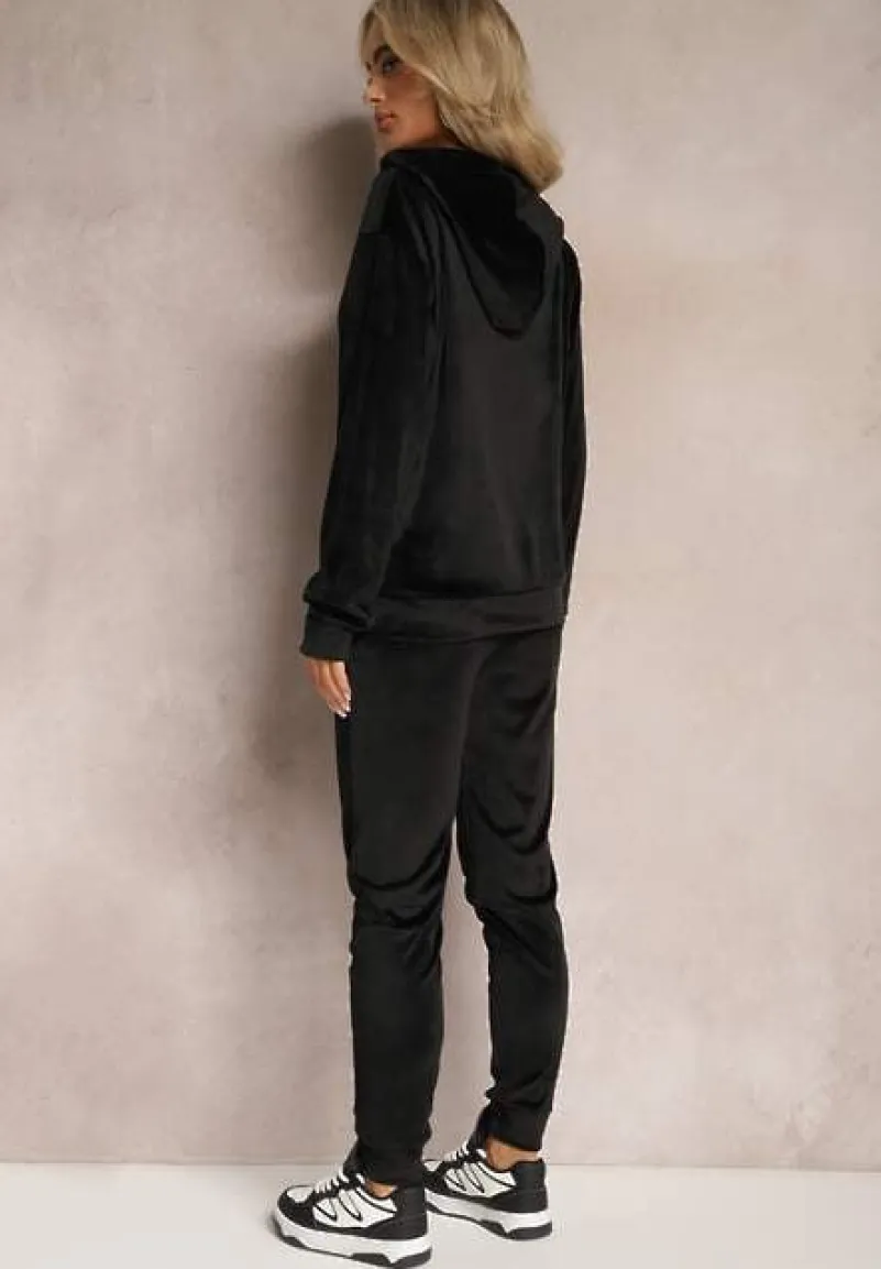 Czarny Welurowy Komplet Dresowy 2-Częściowy z Bluzą z Kapturem i Spodniami Fiksena