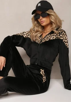 Czarny Welurowy Komplet Dresowy 2-Częściowy z Animal Print Bluza i Spodnie Atisilva