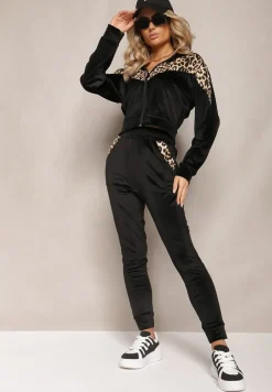Czarny Welurowy Komplet Dresowy 2-Częściowy z Animal Print Bluza i Spodnie Atisilva