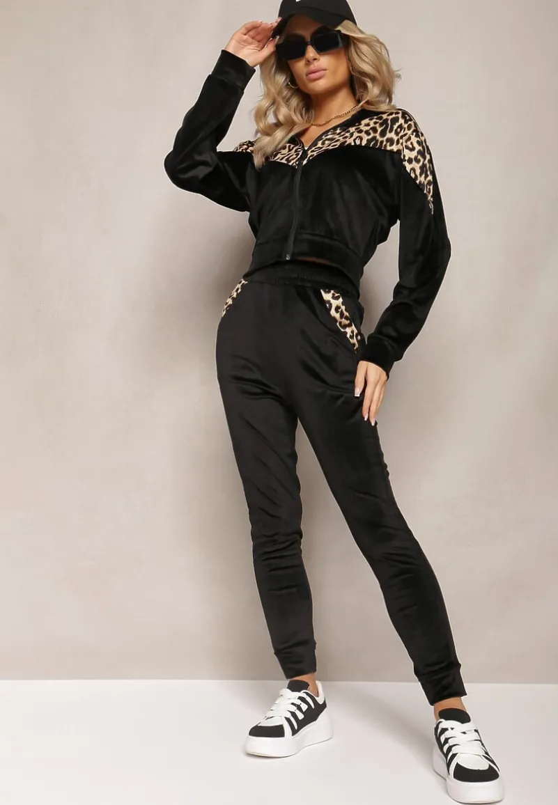 Czarny Welurowy Komplet Dresowy 2-Częściowy z Animal Print Bluza i Spodnie Atisilva