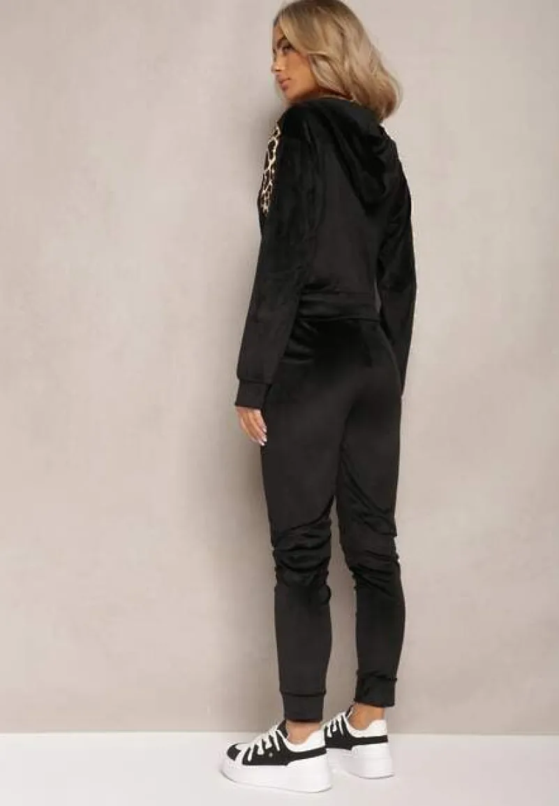 Czarny Welurowy Komplet Dresowy 2-Częściowy z Animal Print Bluza i Spodnie Atisilva