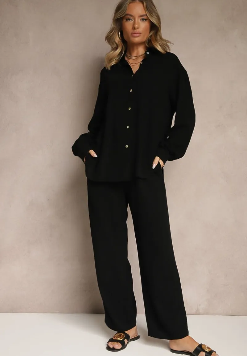 Czarny Wiskozowo-Lniany Komplet z Koszulą i Luźnymi Spodniami Hanorwen