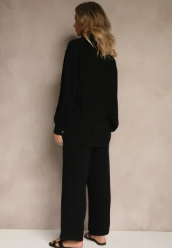 Czarny Wiskozowo-Lniany Komplet z Koszulą i Luźnymi Spodniami Hanorwen