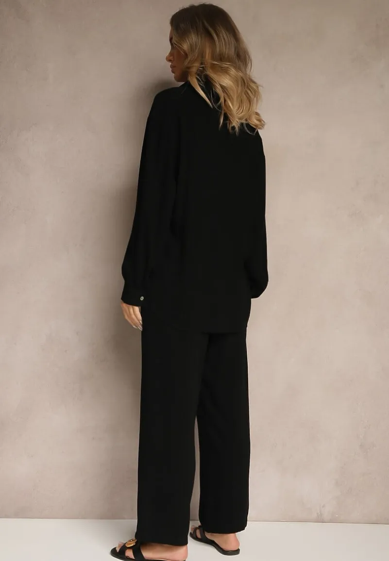 Czarny Wiskozowo-Lniany Komplet z Koszulą i Luźnymi Spodniami Hanorwen
