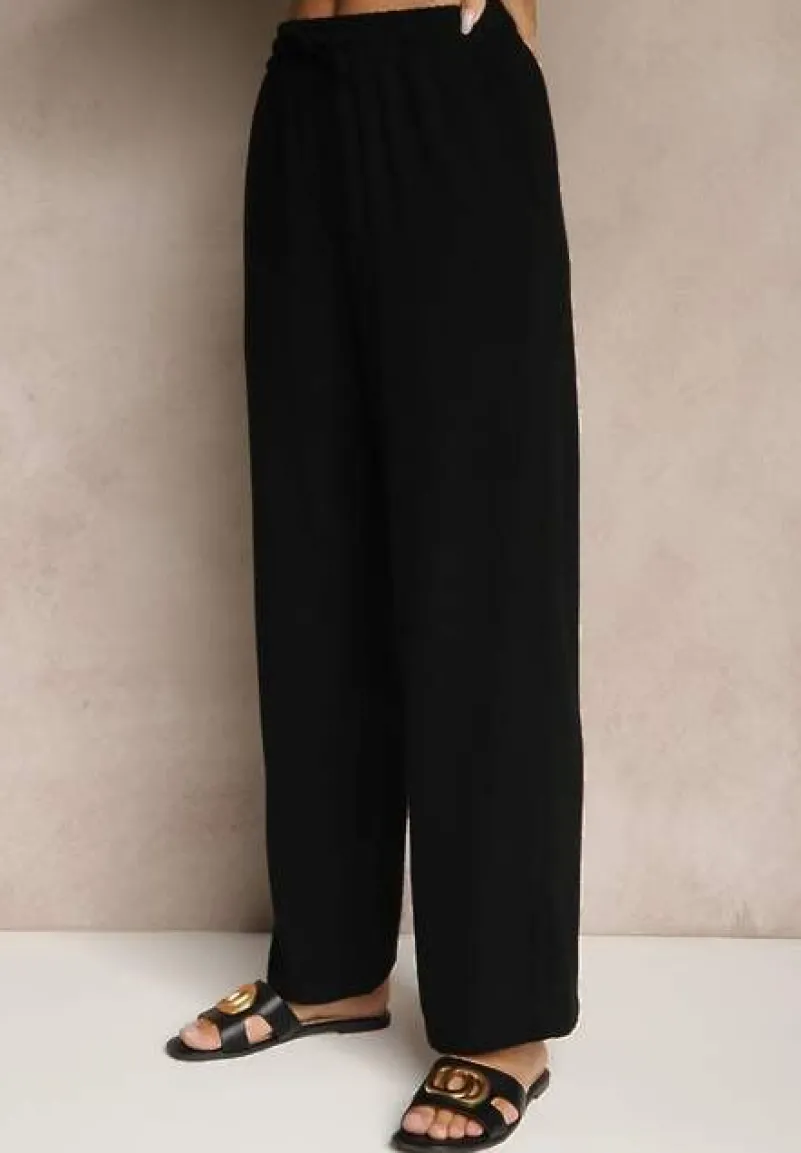 Czarny Wiskozowo-Lniany Komplet z Koszulą i Luźnymi Spodniami Hanorwen