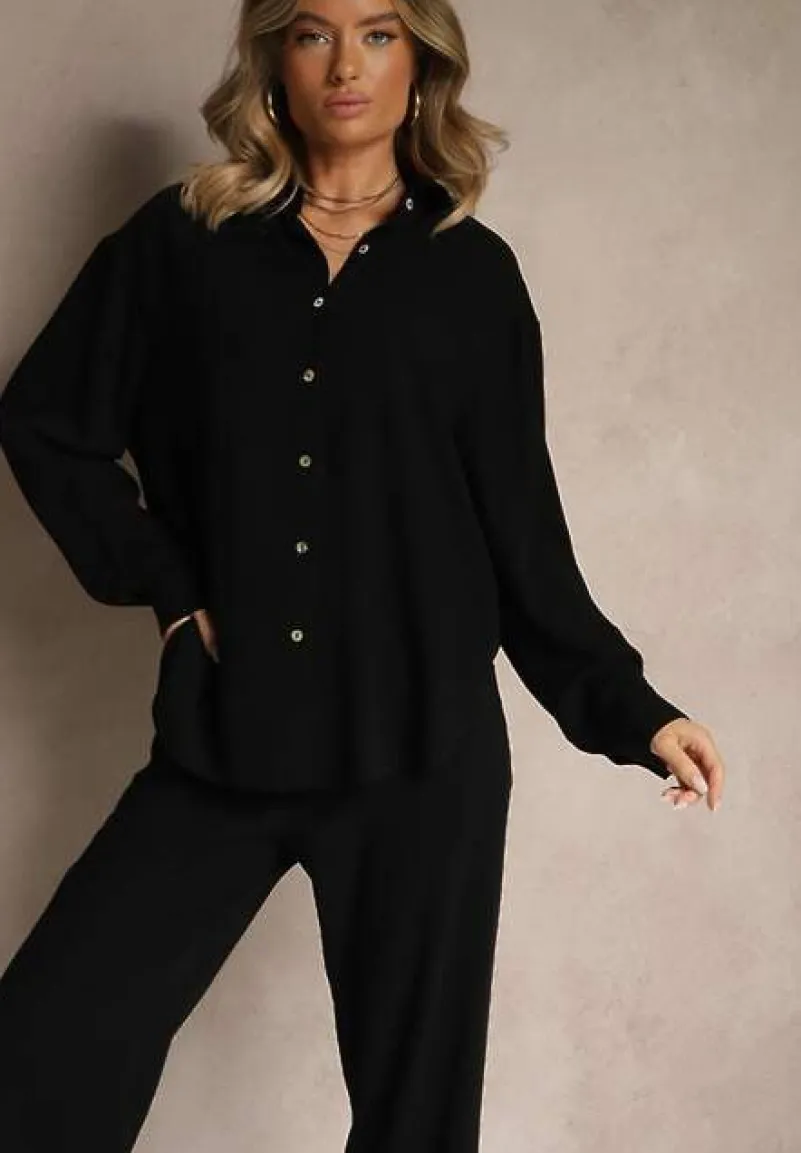 Czarny Wiskozowo-Lniany Komplet z Koszulą i Luźnymi Spodniami Hanorwen